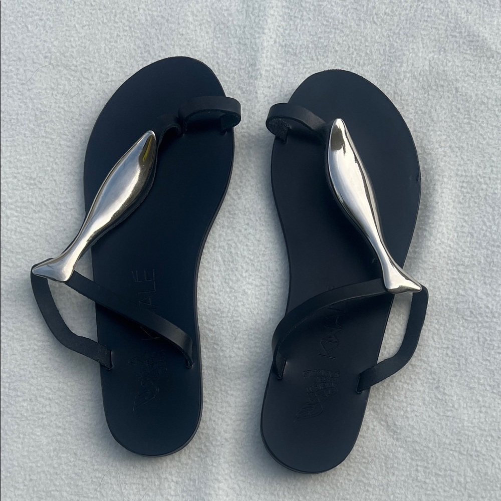 Ancient Greek Sandals Black with Silver Detail